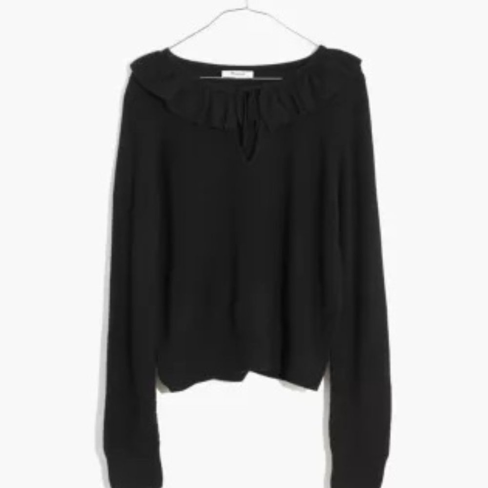 Tie-Neck Ruffle Pullover Sweater, in Black, Size XL